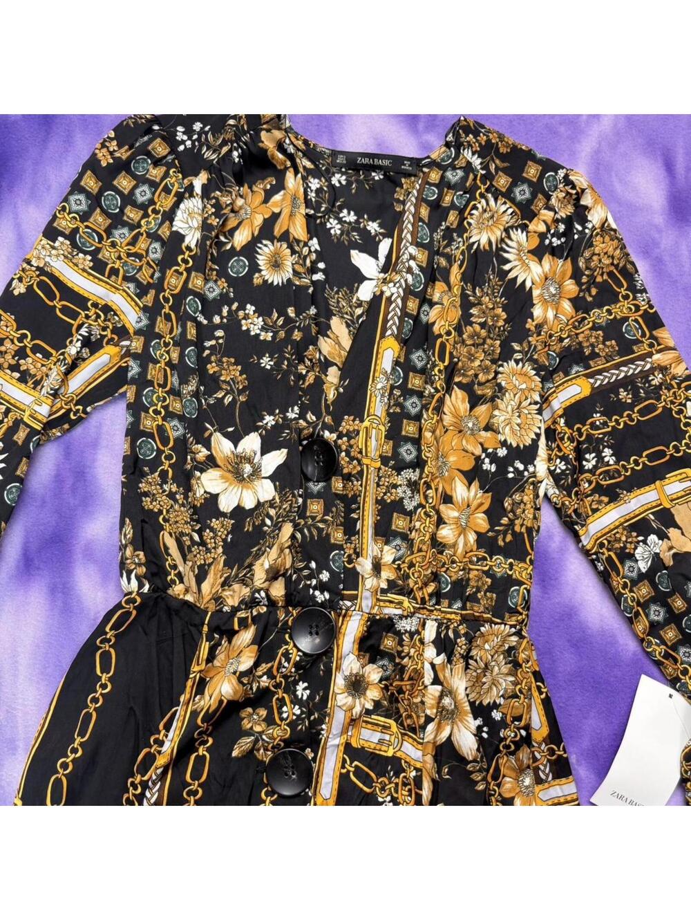 NWT zara basic floral chain print satin long sleeve dress